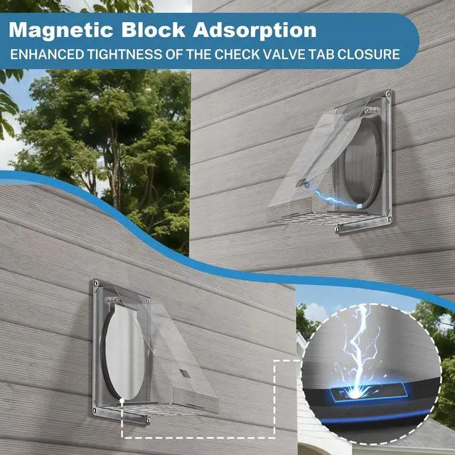 Alt view image 5 of 7 - 8 Inch Wall Vent with Magnetic Seal Flap for Kitchen | 304 Stainless Steel, Tool-Free Removable Mesh, No Lint Buildup, Quiet Rubber Cushioning, 45° Rain Shield