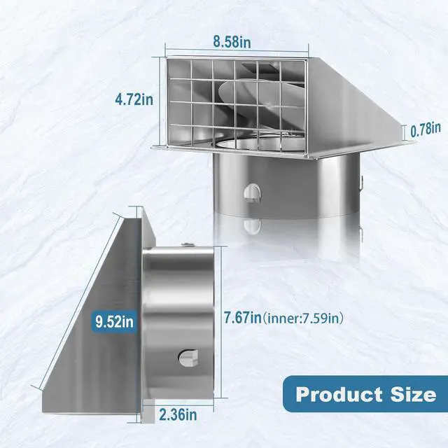 Alt view image 7 of 7 - 8 Inch Wall Vent with Magnetic Seal Flap for Kitchen | 304 Stainless Steel, Tool-Free Removable Mesh, No Lint Buildup, Quiet Rubber Cushioning, 45° Rain Shield