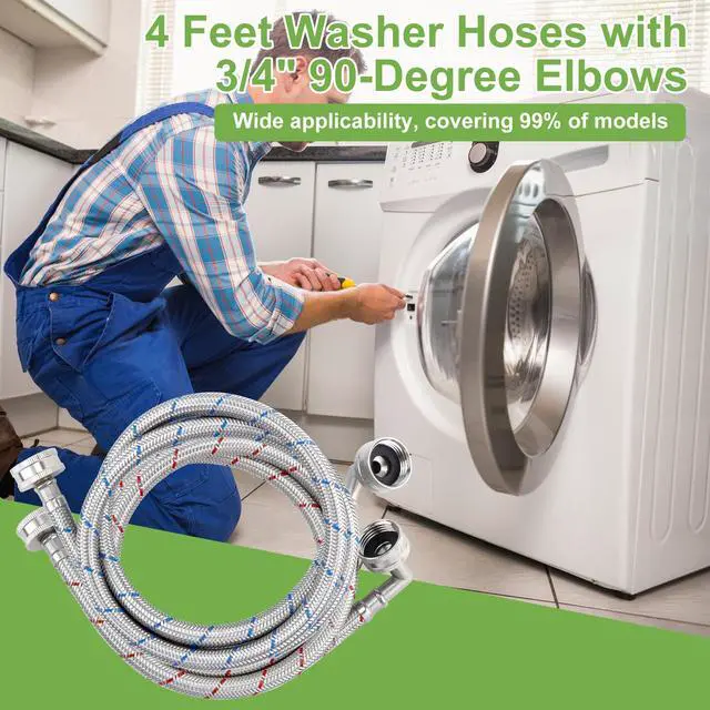 Alt view image 6 of 7 - Washer Hose 6ft,Stainless Steel Washing Machine Hose 6 Foot with 90 Degree Elbows 2 Packs Braided Premium Washer Hoses Supply Lines-Hot and Cold Striped Water Connection-by