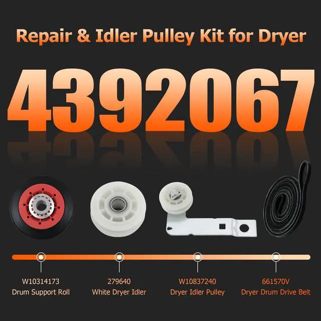 Alt view image 2 of 7 - 4392067 Dryer Repair Kit with W10837240 Idler Pulley for Whirlpool Dryer | Fit for Whirlpool Cabrio Duet Maytag Bravos XL Kenmore Elite Admiral Dryer, Include WPW10314173 661570V 279640 W10837240 Part