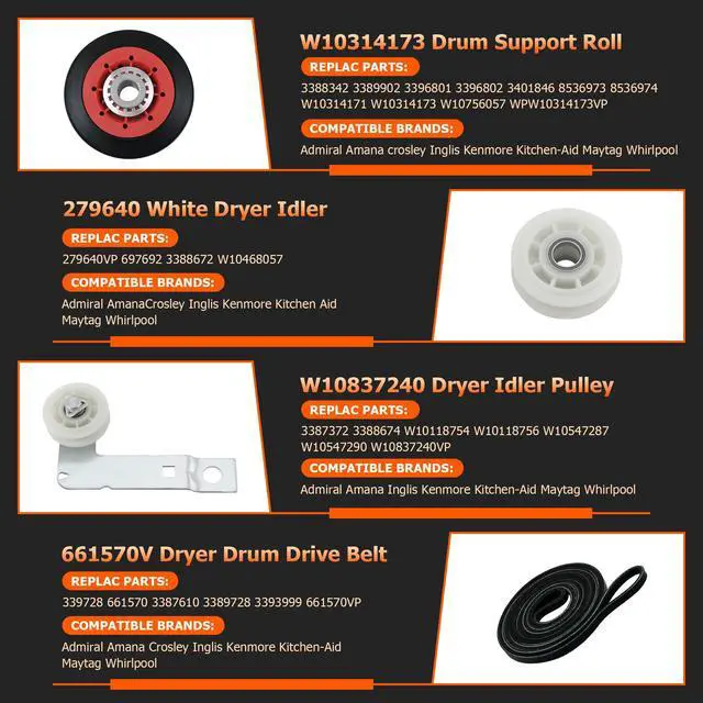 Alt view image 4 of 7 - 4392067 Dryer Repair Kit with W10837240 Idler Pulley for Whirlpool Dryer | Fit for Whirlpool Cabrio Duet Maytag Bravos XL Kenmore Elite Admiral Dryer, Include WPW10314173 661570V 279640 W10837240 Part