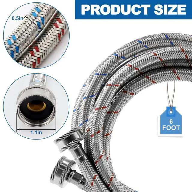Alt view image 2 of 7 - Stainless Steel Washing Machine Hoses 6ft,Stainless Steel Washing Machine Hose Hot and Cold Striped Water Connection(2Packs),Universal Fit for All Standard Wash Machines-by