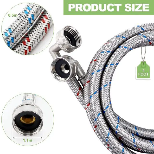 Alt view image 2 of 7 - 4ft Stainless Steel Washing Machine Hose with 90 Degree Elbows 2 Packs Braided Premium Washer Hoses Supply Lines-Washer Hoses 4ft Hot and Cold Striped Water Connection-by