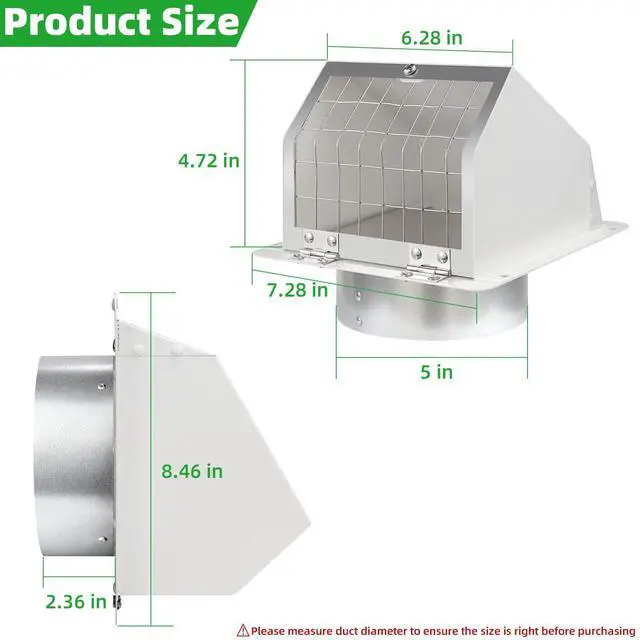 Alt view image 2 of 7 - Dryer Vent Cover Outside 5 Inch,Dryer Vent Cover for Exterior Wall,External Extractor Wall Vent Exhaust Vent Cover with Screen and Damper,Dryer Vent Cap for Duct House Kitchen Range Hood AC,White