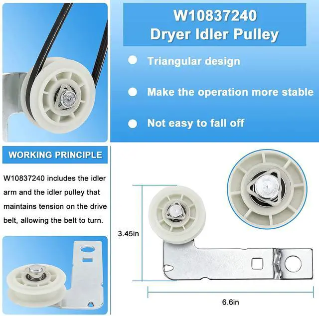 Alt view image 3 of 7 - UPGRADED 4392067 Dryer Repair Kit with W10837240 Idler Pulley - Replaces Whirlpool Cabrio Duet Maytag Bravos XL Kenmore Elite, Includes WPW10314173 & 661570V & 279640