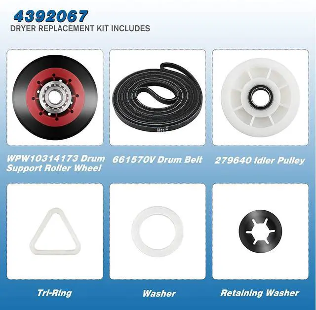 Alt view image 7 of 7 - UPGRADED 4392067 Dryer Repair Kit with W10837240 Idler Pulley - Replaces Whirlpool Cabrio Duet Maytag Bravos XL Kenmore Elite, Includes WPW10314173 & 661570V & 279640
