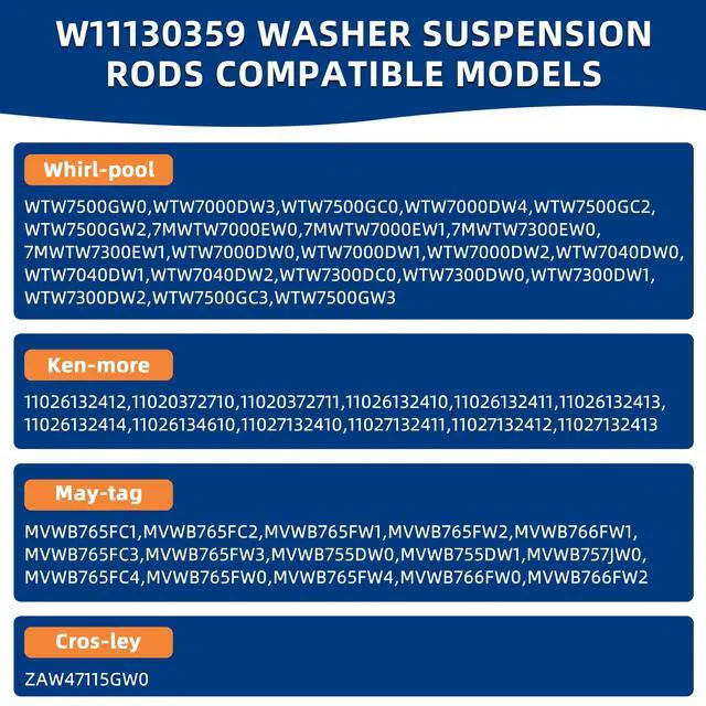 Alt view image 5 of 7 - W11130359 MVWB765FW3 MVWB765FW4 WTW7500GC2 Washer Suspension Rod Kit Compatible for Whirl.pool May.tag Ken.more Cros.ley 7MWTW7000EW0 7MWTW7300EW0 MVWB765FW4 MVWB765FW3-BY