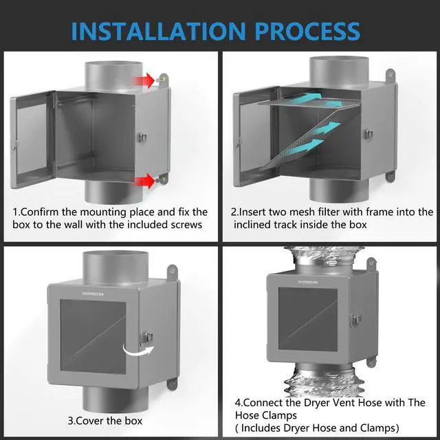 Alt view image 6 of 7 - Dryer Duct Lint Trap, Indoor Dryer Vent Kit with 4inch 8FT Dryer Vent Hose, 2 Clamps, 2 Stainless Steel Mesh, Secondary Lint Trap for Electric Clothes Dryers - Dryer Lint Catcher(Metal)