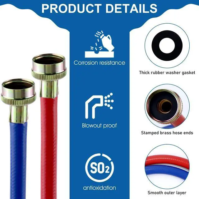 Alt view image 3 of 7 - Washer Hoses 4FT,Rubber Washing Machine Hoses 3/4 Washer Machine Hoses 2 packs,Burst Proof Water Supply Lines for Hot and Cold Washer Water Hoses-by