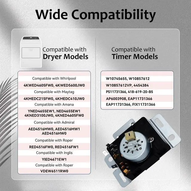 Alt view image 2 of 6 - W10745655 W10857612 Dryer Timer Compatible with Whirlpool, Maytag, Amana NED4655EW1, YNED4655EW1, RED4516FW0, 230V Dryer Timer Replacement for 418-095-20-B5, PS11731366, OEM Quality