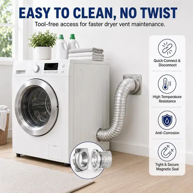 Alt view image 3 of 7 - Magnetic Dryer Vent Connector Kit DV180 4-Inch Dryer Vent Coupling | Magnetic Quick Connect Coupling, Airtight Seal Easy to Clean Includes 3 ft Dryer Vent Hose & 2 Clamps