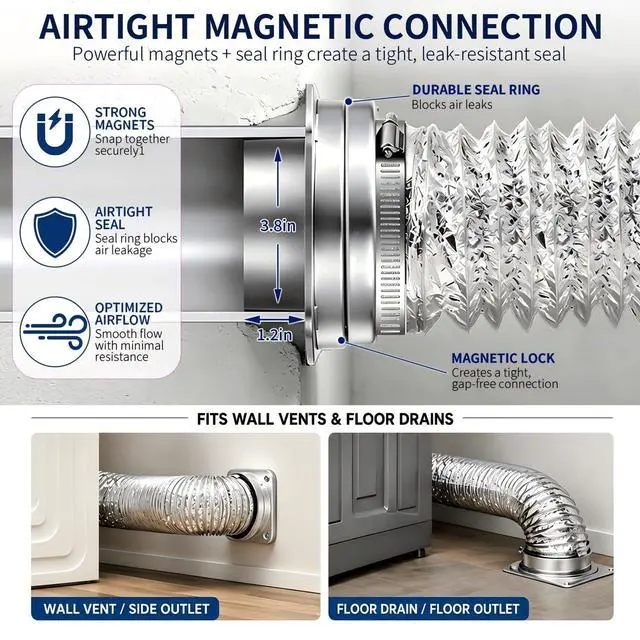 Alt view image 4 of 7 - Magnetic Dryer Vent Connector Kit DV180 4-Inch Dryer Vent Coupling | Magnetic Quick Connect Coupling, Airtight Seal Easy to Clean Includes 3 ft Dryer Vent Hose & 2 Clamps