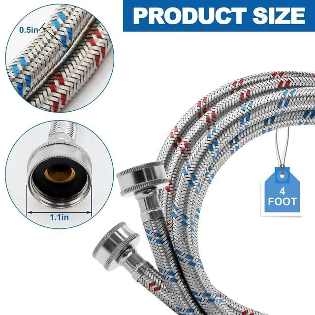 Alt view image 2 of 7 - Washing Machine Hoses,Stainless Steel Washing Machine Hose 4ft -2 Packs Braided Premium Washer Hoses Supply Lines-washer hoses 4ft Hot and Cold Striped Water Connection