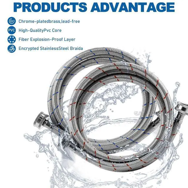 Alt view image 5 of 7 - Washing Machine Hoses,Stainless Steel Washing Machine Hose 4ft -2 Packs Braided Premium Washer Hoses Supply Lines-washer hoses 4ft Hot and Cold Striped Water Connection
