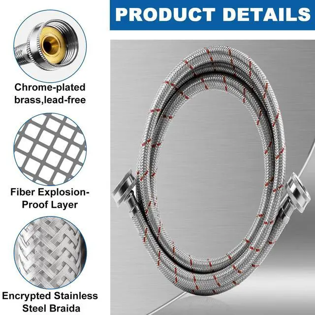Alt view image 4 of 7 - Washing Machine Hoses,Stainless Steel Washing Machine Hose 4ft -2 Packs Braided Premium Washer Hoses Supply Lines-washer hoses 4ft Hot and Cold Striped Water Connection