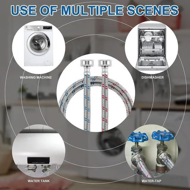 Alt view image 7 of 7 - Washing Machine Hoses,Stainless Steel Washing Machine Hose 4ft -2 Packs Braided Premium Washer Hoses Supply Lines-washer hoses 4ft Hot and Cold Striped Water Connection