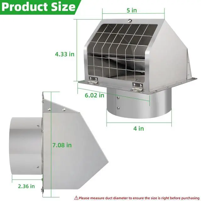 Alt view image 2 of 7 - 4" Dryer Vent Cover Outside,Stainless Steel Outdoor Dryer Vent Cover for 4 in Pipe,Exterior Wall Vent Cover Cap Dryer Exhaust Vent Cover Outlet for House/Range Hood,Dryer Vent Kit with Screen&Damper