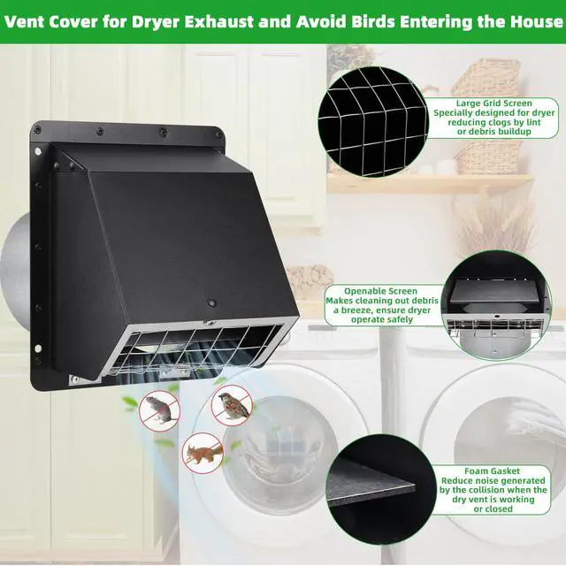 Alt view image 3 of 7 - 5" Dryer Vent Cover,Outside Dryer Vent Cover for Exterior Wall Vent Hood,Exhaust Vent Cover for Dryer Vents Kitchen Range Hood Vent AC Vent Duct House Air Exhaust,Dryer Vent Kit Through Wall,Black