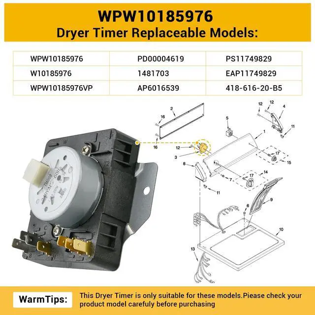 Alt view image 3 of 7 - W10185976, WPW10185976 Dryer Timer Compatible with whirlpool WED4700YQ0 | W10185976, WPW10185976 Dryer Timer Replacement WPW10185976VP, EAP11749829, 418-616-20-B5 etc