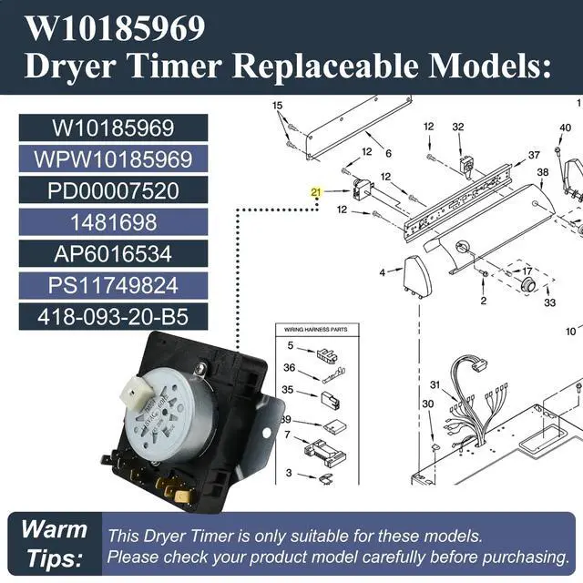 Alt view image 3 of 7 - W10185969 WPW10185969 Dryer Timer Compatible with May-tag 7MMGP0035WQ0 | Compatible with whirl-pool WGD5000VQ1, 7MWG45500SQ1, Replacement for 418-093-20-B5