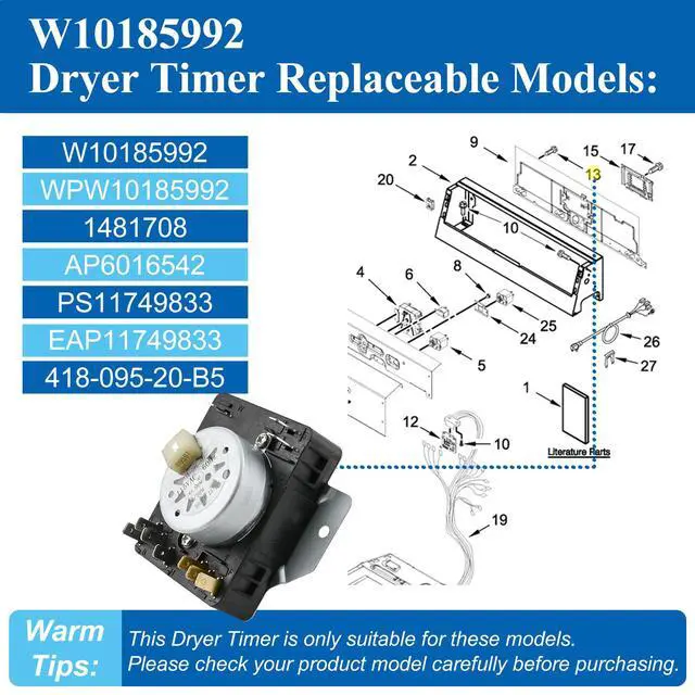 Alt view image 3 of 7 - W10185992 Dryer Timer, Dryer Timer Replacement 418-095-20-b5 Compatible with maytag MEDC465HW0, MGDC465HW0, Etc,whirlpool WGD5000DW2, WGD5000DW3, WED5000DW1, WED4915EW1,Crosley, Dryer etc