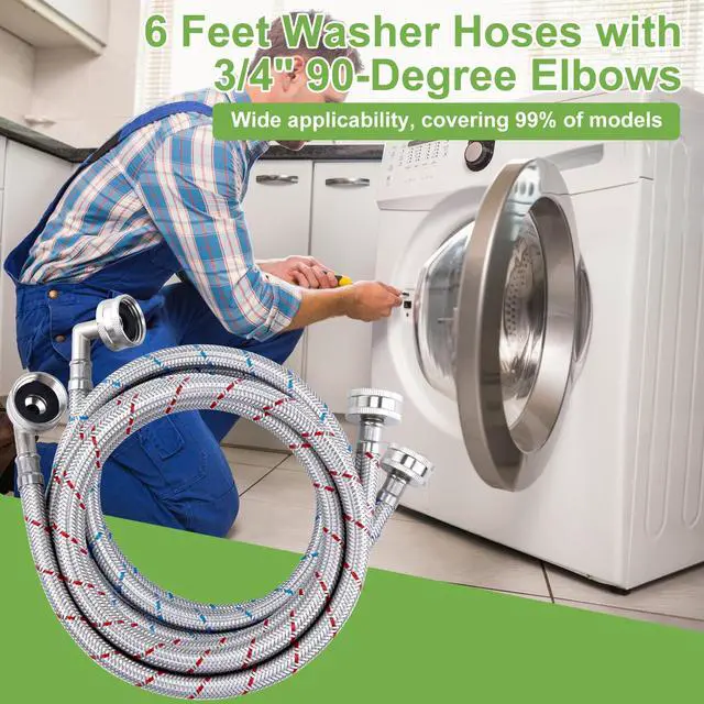 Alt view image 7 of 7 - 4ft Stainless Steel Washing Machine Hose with 90 Degree Elbows 2 Packs Braided Premium Washer Hoses Supply Lines-Washer Hoses 4ft Hot and Cold Striped Water Connection-by