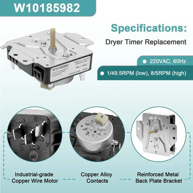 Alt view image 5 of 6 - W10185982 WPW10185982 Dryer Timer 230V 60Hz | for Whirlpool Maytag WED4815EW1 WED5100VQ1 WED4800BQ1 WGD4800XQ0 WED4810EW1 Replace 418-618-20-B5 PS11749831 by