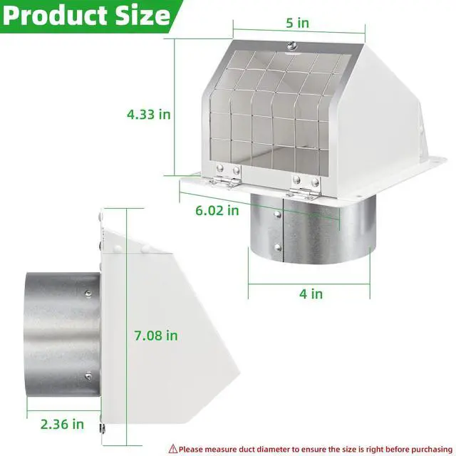 Alt view image 2 of 6 - 4 Inch Dryer Vent Cover Outside with Mesh, Wall Vent Exhaust Vent Cover Wall Mount Extractor Vent with Flap, Exterior Vent Cover Cap Outdoor Dryer Vent Cover for Dryer Ducting House AC,White