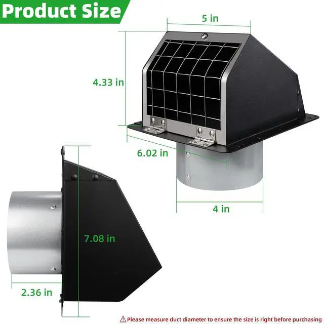 Alt view image 2 of 7 - 4" Dryer Vent Cover Outdoor,Dryer Vent Covers for Exterior Wall Vent Hood Outlet Air Vent,Dryer Vent Cover Outside,Exterior Dryer Exhaust Vent Cover Cap for House AC,Through Wall Dryer Vent Kit,Black