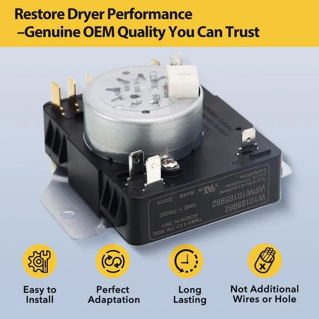 Alt view image 2 of 6 - W10185982 WPW10185982 Dryer Timer Replacement, Genuine OEM Quality, Replaces 418-618-20-B5, AP6016541, PS11749831, 1546812, Fits Whirlpool, Maytag, Kenmore, Crosley Dryers