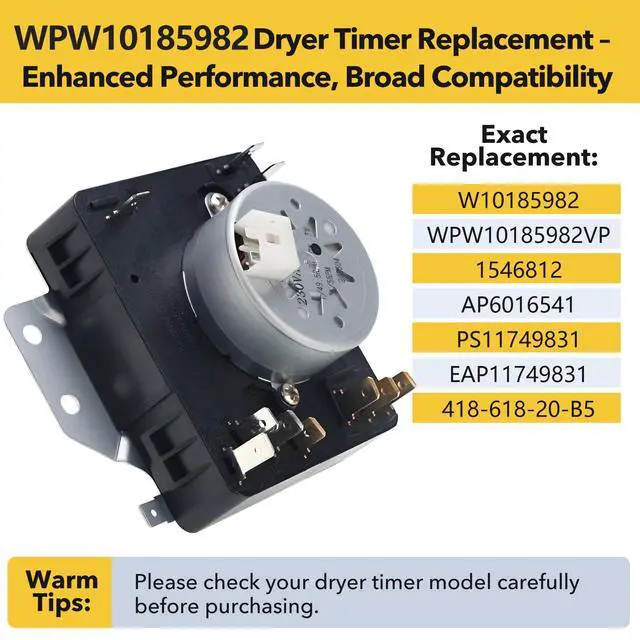 Alt view image 4 of 6 - W10185982 WPW10185982 Dryer Timer Replacement, Genuine OEM Quality, Replaces 418-618-20-B5, AP6016541, PS11749831, 1546812, Fits Whirlpool, Maytag, Kenmore, Crosley Dryers