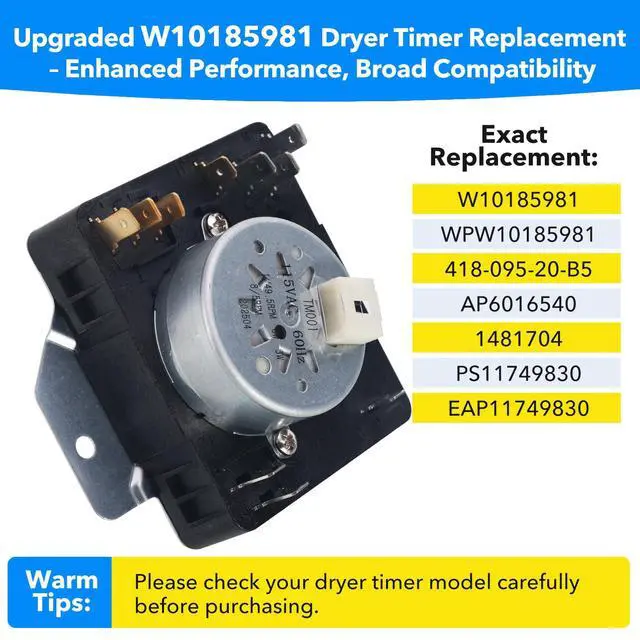 Alt view image 3 of 7 - W10185981 WPW10185981 Dryer Timer Replacement, Genuine OEM Quality, Replaces 418-095-20-B5, AP6016540, PS11749830, EAP11749830, 1481704, Fits Whirlpool, Kenmore, Crosley, Maytag Dryers