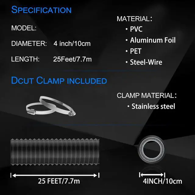 Alt view image 3 of 6 - 4 Inch 25ft Dryer Vent Hose,Flexible Insulated Air Ducting,Vent Hose PVC Aluminum Foil with 2 Clamps for HVAC Ventilation(Black)