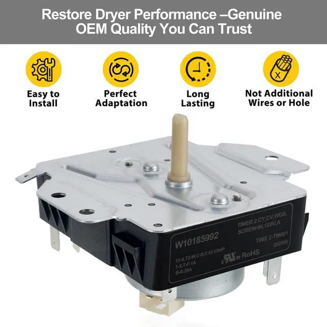 Alt view image 2 of 7 - W10185992 WPW10185992 Dryer Timer Replacement Part, Genuine OEM Quality, Exact Replaces AP6016542, PS11749833, 418-095-20-B5, Fits Whirlpool, Maytag, Crosley, Kenmore Dryers