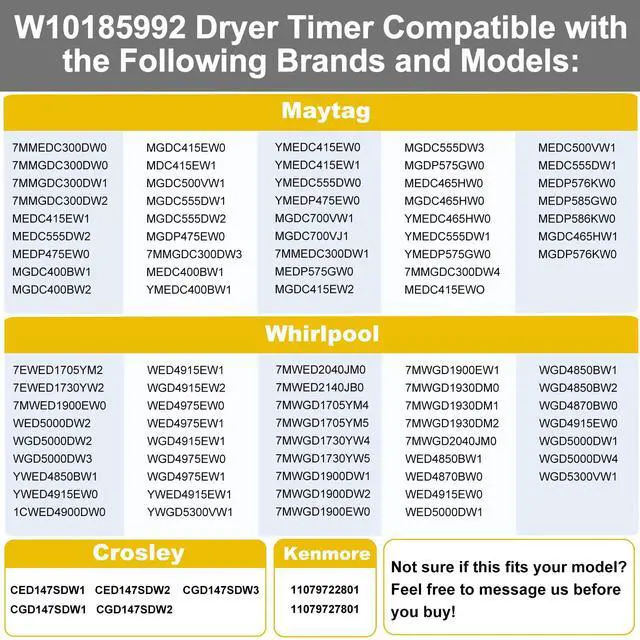 Alt view image 5 of 7 - W10185992 WPW10185992 Dryer Timer Replacement Part, Genuine OEM Quality, Exact Replaces AP6016542, PS11749833, 418-095-20-B5, Fits Whirlpool, Maytag, Crosley, Kenmore Dryers