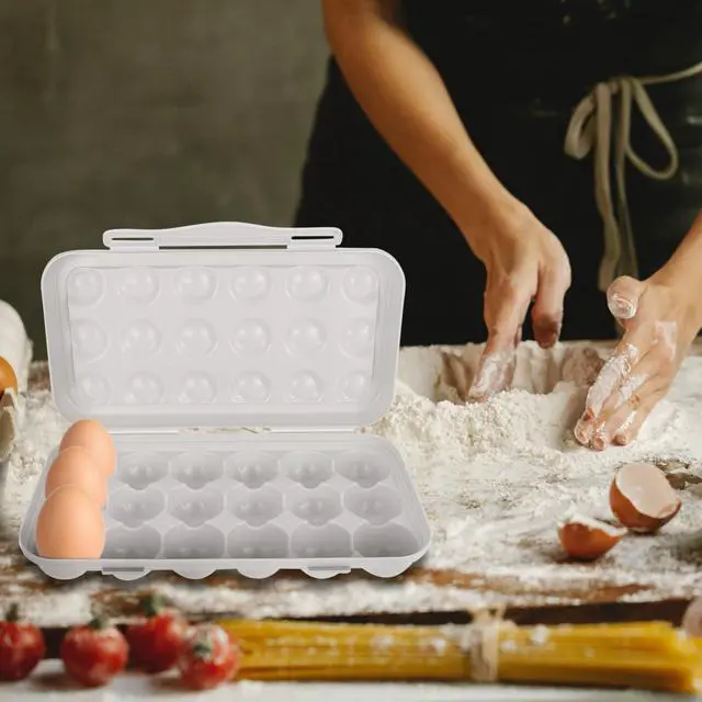 Alt view image 6 of 7 - Egg Container for Refrigerator Plastic Egg Holder with Attached Lid Grid Design Tray for 18 Eggs Storage Case for Organized Fridge Use 11.81 X 5.90 X 2.55 in
