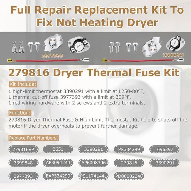 Alt view image 3 of 6 - NED4655EW1 Heating Element Fit for Amana 279838 W10724237 NED4600YQ1 | Fit for Whirlpool WED4815EW1 WED4850HW0 WED5300VW0;Fit for Kenmore 70 80 110;Fit for Maytag 3398064 3403585 by