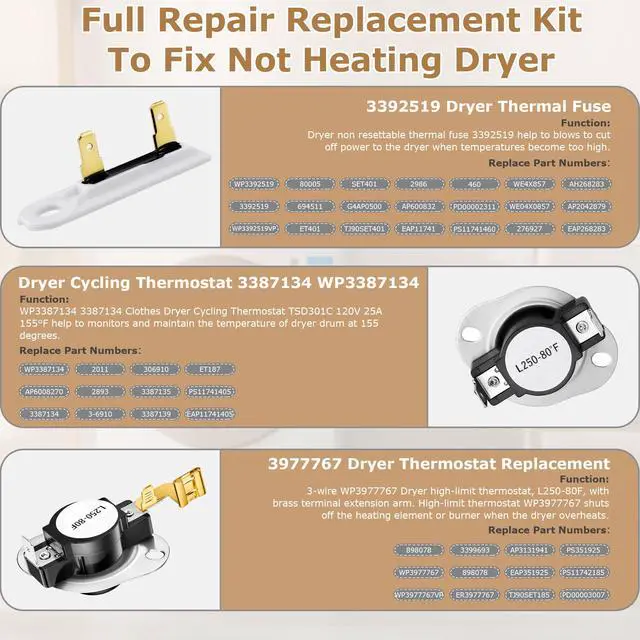 Alt view image 4 of 6 - NED4655EW1 Heating Element Fit for Amana 279838 W10724237 NED4600YQ1 | Fit for Whirlpool WED4815EW1 WED4850HW0 WED5300VW0;Fit for Kenmore 70 80 110;Fit for Maytag 3398064 3403585 by