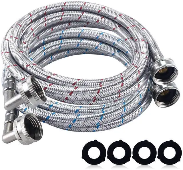 Main image of 6FT Premium Stainless Steel Washing Machine Hoses with 90 Degree Elbow No-lead Burst-Proof 3/4" FHT Standard Thread Washer Hoses Hot & Cold Water Inlet Supply Lines for Washer - 2 Pack by