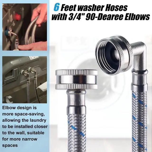 Alt view image 4 of 6 - 6FT Premium Stainless Steel Washing Machine Hoses with 90 Degree Elbow No-lead Burst-Proof 3/4" FHT Standard Thread Washer Hoses Hot & Cold Water Inlet Supply Lines for Washer - 2 Pack by