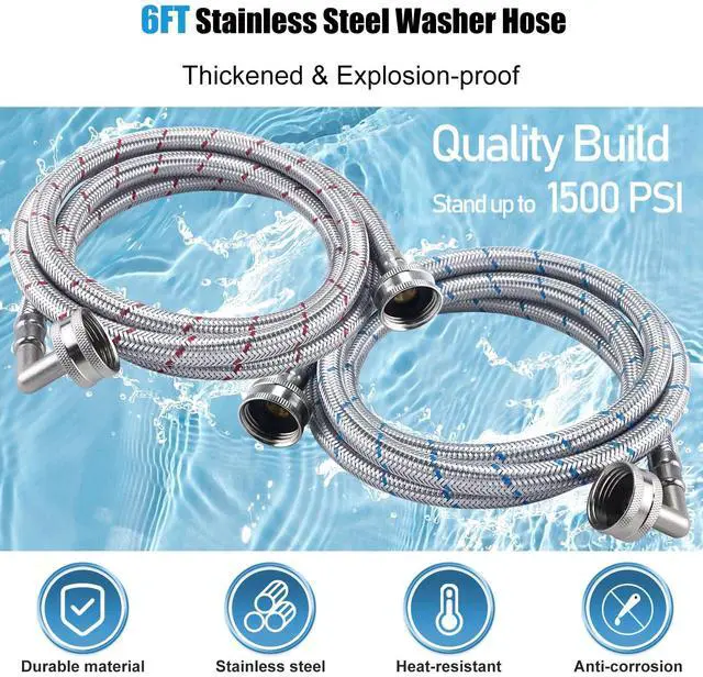 Alt view image 2 of 6 - 6FT Premium Stainless Steel Washing Machine Hoses with 90 Degree Elbow No-lead Burst-Proof 3/4" FHT Standard Thread Washer Hoses Hot & Cold Water Inlet Supply Lines for Washer - 2 Pack by