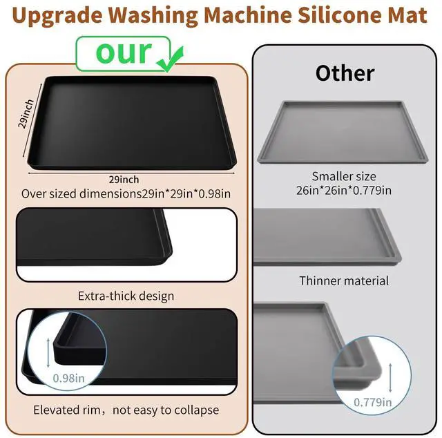 Alt view image 6 of 7 - Washing Machine Drain Pan Silicone Mat 29"x29" with 0.98" Raised Edges, Washing Machine Mat Non-Slip Waterproof Drip Tray for Under Washer & Dryer,Anti-Vibration Floor Leak Protector