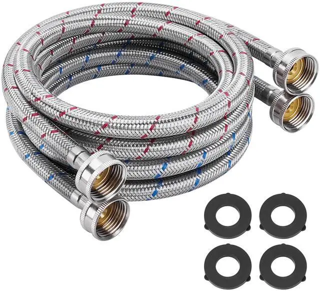 Main image of 6FT Stainless Steel Washing Machine Hoses 3/4" NPT Connection | Red & Blue Braided Hot Cold Washer Hose 15°F-158°F Temperature Resistant Leak Proof Washer Hose-2 Pack by