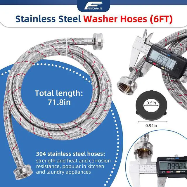 Alt view image 2 of 6 - 6FT Stainless Steel Washing Machine Hoses 3/4" NPT Connection | Red & Blue Braided Hot Cold Washer Hose 15°F-158°F Temperature Resistant Leak Proof Washer Hose-2 Pack by