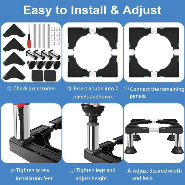 Alt view image 7 of 7 - Mini Fridge Stand Adjustable Height 12.2"-13.4" Washer and Dryer Stand Base for 18"-28.3" Washing Machine Universal Base with 4 Strong Feet Furniture Portable Appliance Pedestal Black