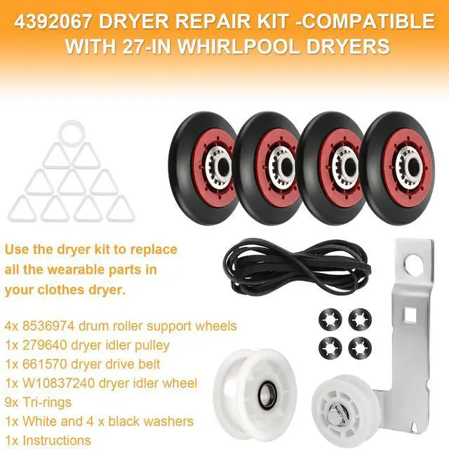 Alt view image 2 of 7 - 4392067 Dryer Repair Kit W10837240 Idler Pulley fit for Maytag Bravos | Fit for Whirlpool Duet Kenmore Elite Dryers with WPW10314173 Drum Roller & 661570V Belt&279640 Idler Pulley by