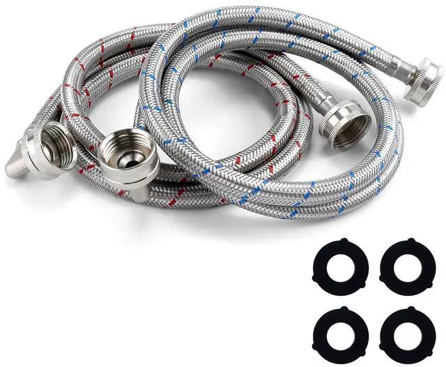 Main image of 4FT Stainless Steel Washing Machine Hoses 90 Degree Elbow | Hot Cold Inlet Hose Braided Rust & Burst Proof Universal Washer Hose for All Washers Red and Blue Hoses 2 pack by