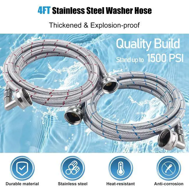 Alt view image 2 of 6 - 4FT Stainless Steel Washing Machine Hoses 90 Degree Elbow | Hot Cold Inlet Hose Braided Rust & Burst Proof Universal Washer Hose for All Washers Red and Blue Hoses 2 pack by
