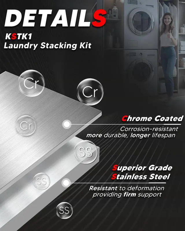 Alt view image 4 of 7 - KSTK1 27-inch Washer Dryer Stacking Kit Replacement for LG Laundry Washer and Dryer - Solid Metal with Chrome Coated
