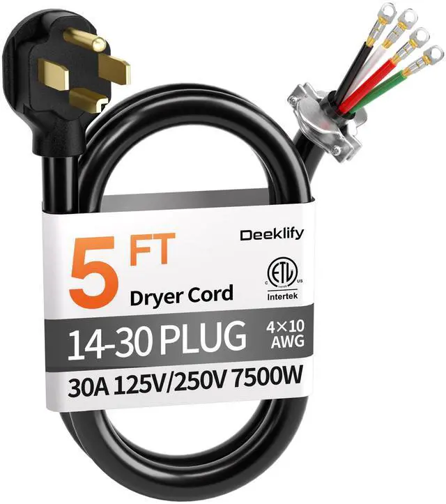 Main image of 5FT 4 Prong Dryer Cord, Pure Copper, NEMA 14-30P Plug, ETL Listed | 4-Wire 30Amp 10 Gauge, Dryer Cord 4 Prong, Dryer Power Cord Replacement, O-Ring Terminals, 250V 7500W, Black, SRDT